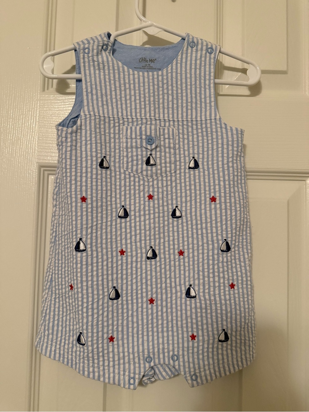 Little Me Blue & White Striped Infant Romper with Nautical Embroidery 12mo
